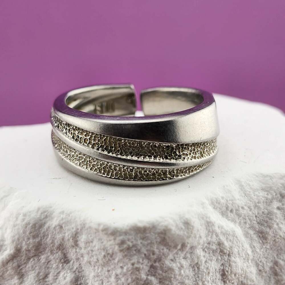 Silver Tone Textured Double Band Adjustable Ring Modernist Layered Statement